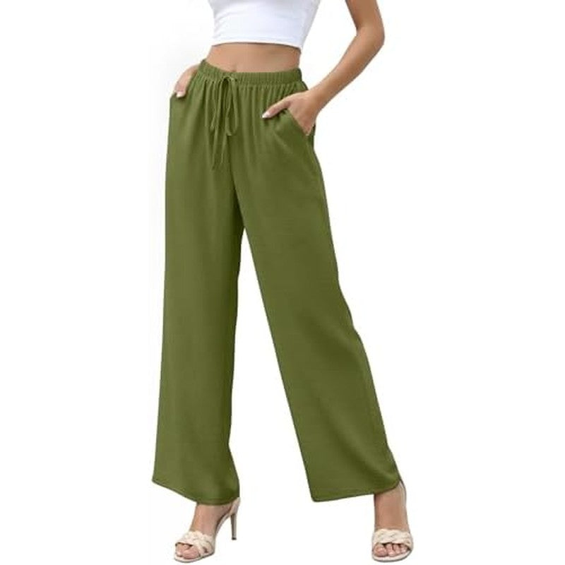 Women's Summer Wide Leg Pants High Waisted Lightwe Army Green - side angle