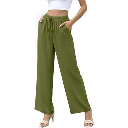 Women's Summer Wide Leg Pants High Waisted Lightwe Army Green - side angle
