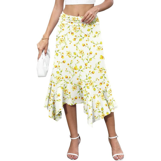 Midi Skirts for Women, Handkerchief Hem High Waist Apricot Color Florets - front view