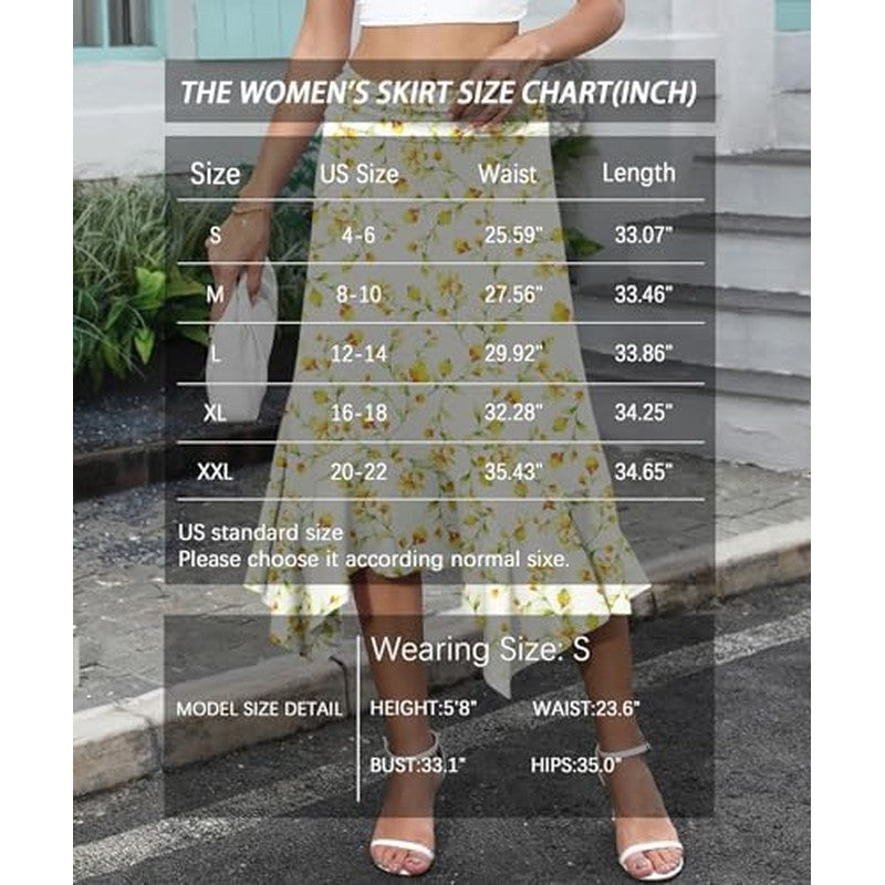 Midi Skirts for Women, Handkerchief Hem High Waist Apricot Color Florets - packaging