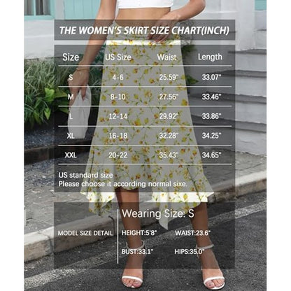 Midi Skirts for Women, Handkerchief Hem High Waist Apricot Color Florets - packaging