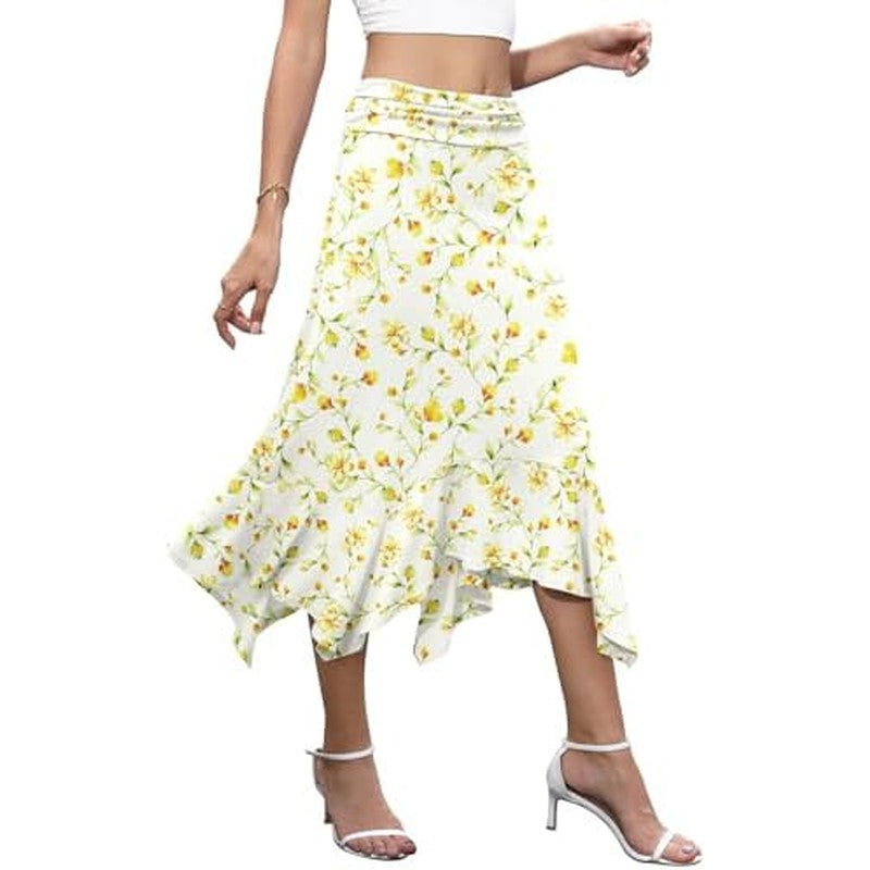 Midi Skirts for Women, Handkerchief Hem High Waist Apricot Color Florets - in use