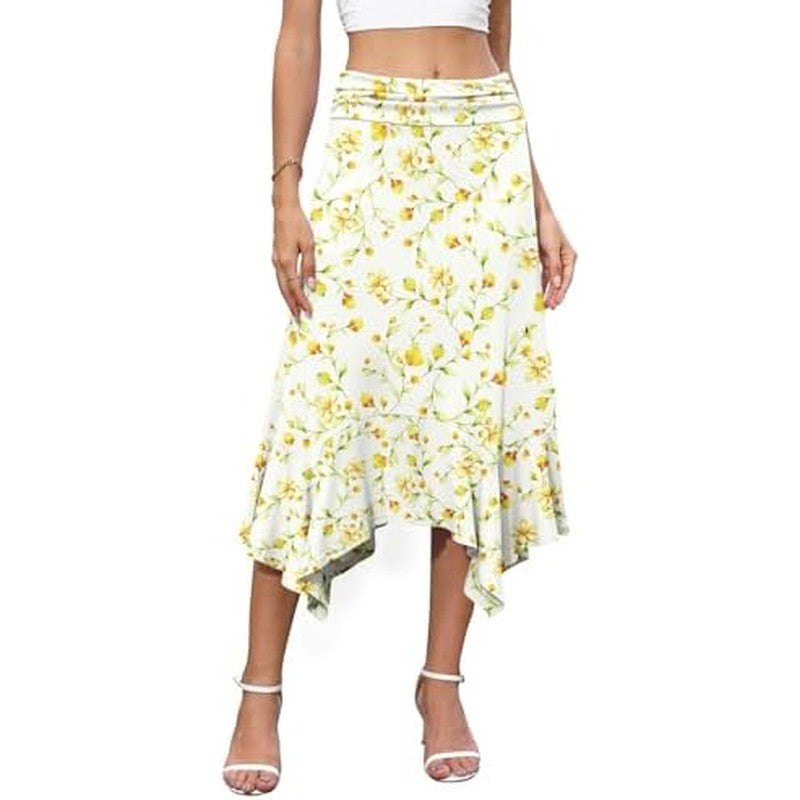 Midi Skirts for Women, Handkerchief Hem High Waist Apricot Color Florets - back view