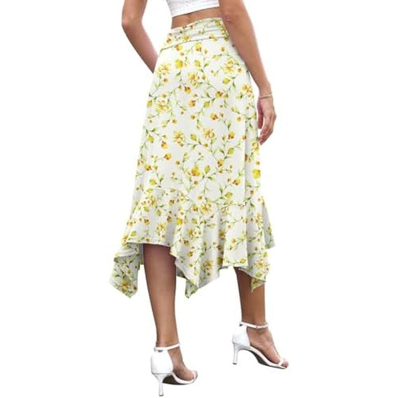 Midi Skirts for Women, Handkerchief Hem High Waist Apricot Color Florets - color detail