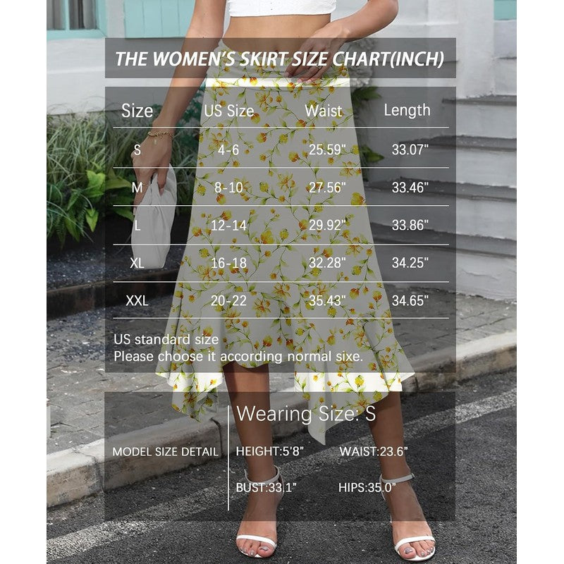 Midi Skirts for Women, Handkerchief Hem High Waist Apricot Color Florets - lifestyle look