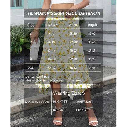 Midi Skirts for Women, Handkerchief Hem High Waist Apricot Color Florets - lifestyle look