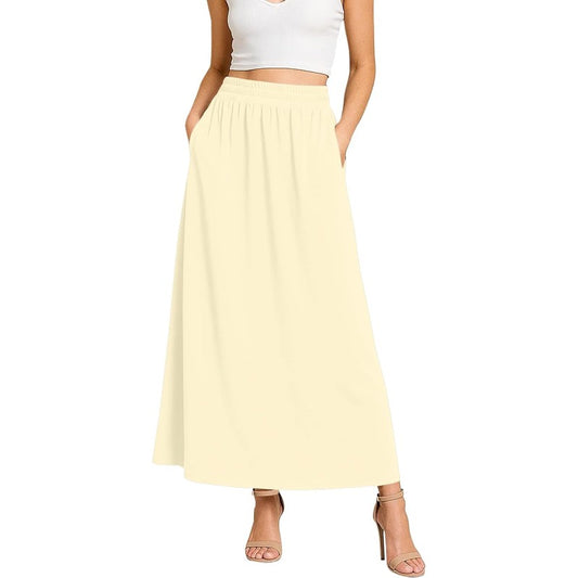 Women's Flowy Maxi Skirts Elastic High Waisted Cas Beige Yellow - front view