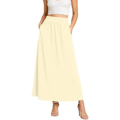 Women's Flowy Maxi Skirts Elastic High Waisted Cas Beige Yellow - side angle