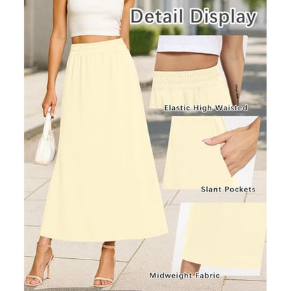Women's Flowy Maxi Skirts Elastic High Waisted Cas Beige Yellow - color detail