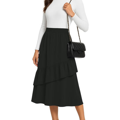Midi Skirts for Women Flowy Boho High-Waist A-Line Black - front view