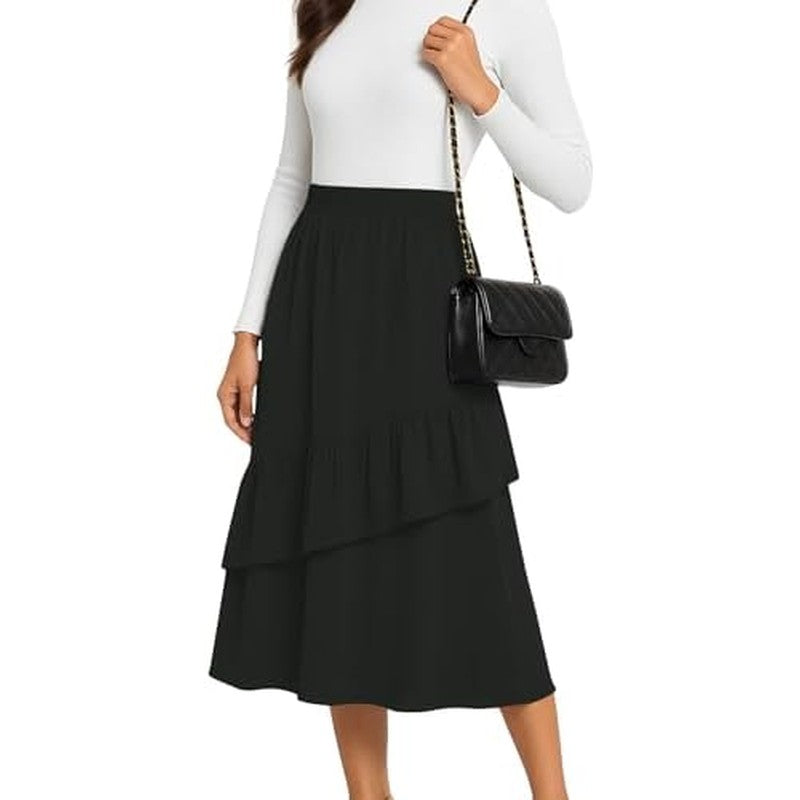 Midi Skirts for Women Flowy Boho High-Waist A-Line Black - side angle