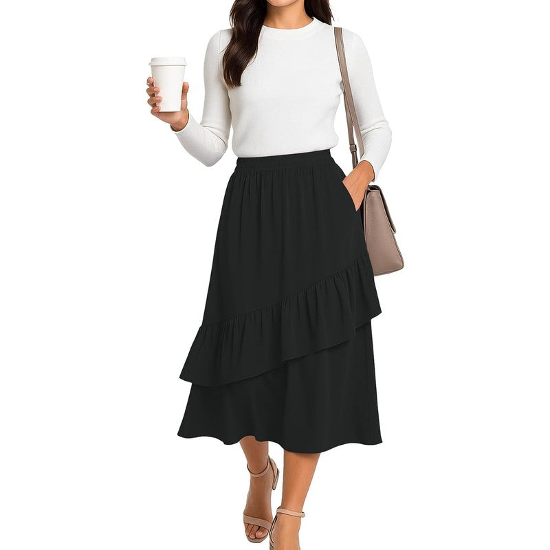 Midi Skirts for Women Flowy Boho High-Waist A-Line Black - detail close-up