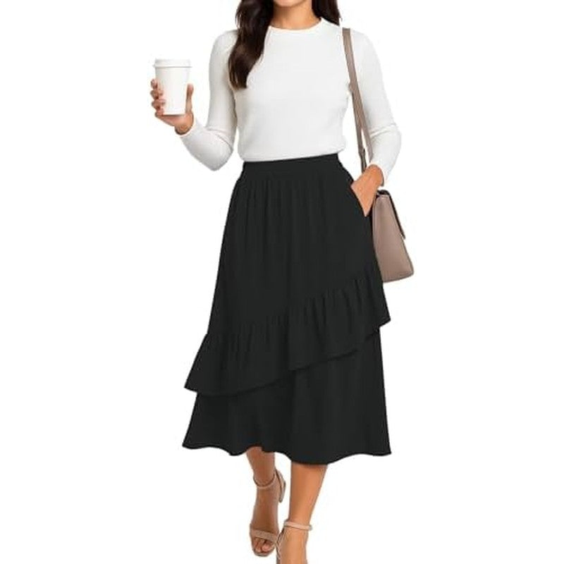 Midi Skirts for Women Flowy Boho High-Waist A-Line Black - in use