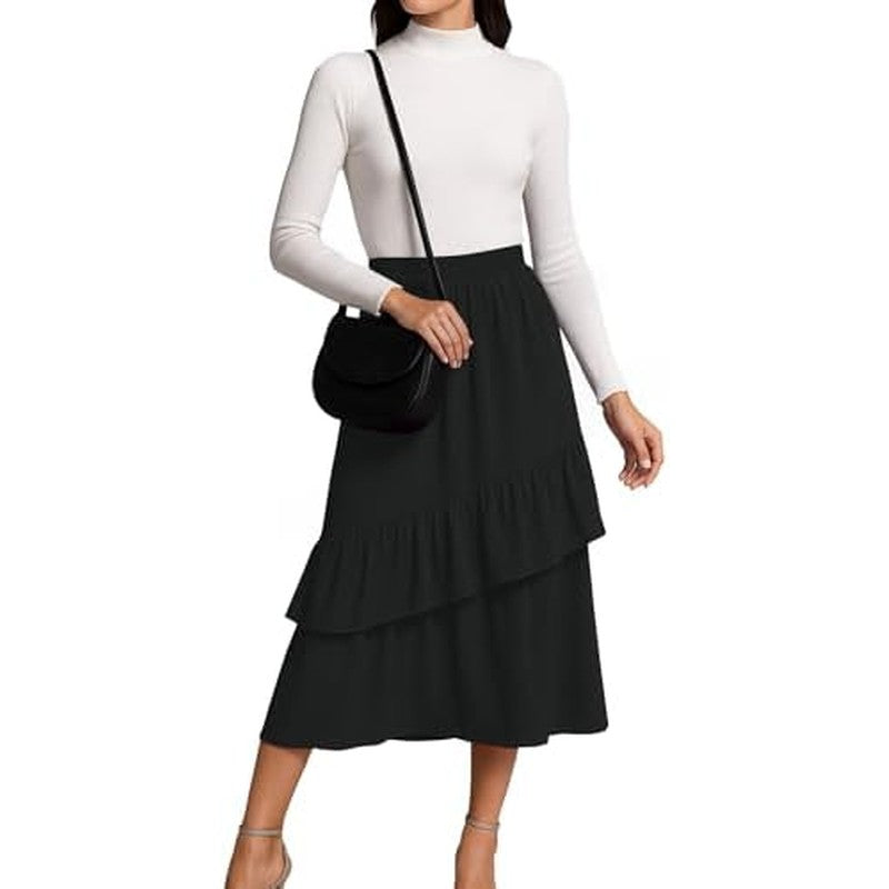 Midi Skirts for Women Flowy Boho High-Waist A-Line Black - back view