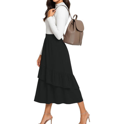 Midi Skirts for Women Flowy Boho High-Waist A-Line Black - top view