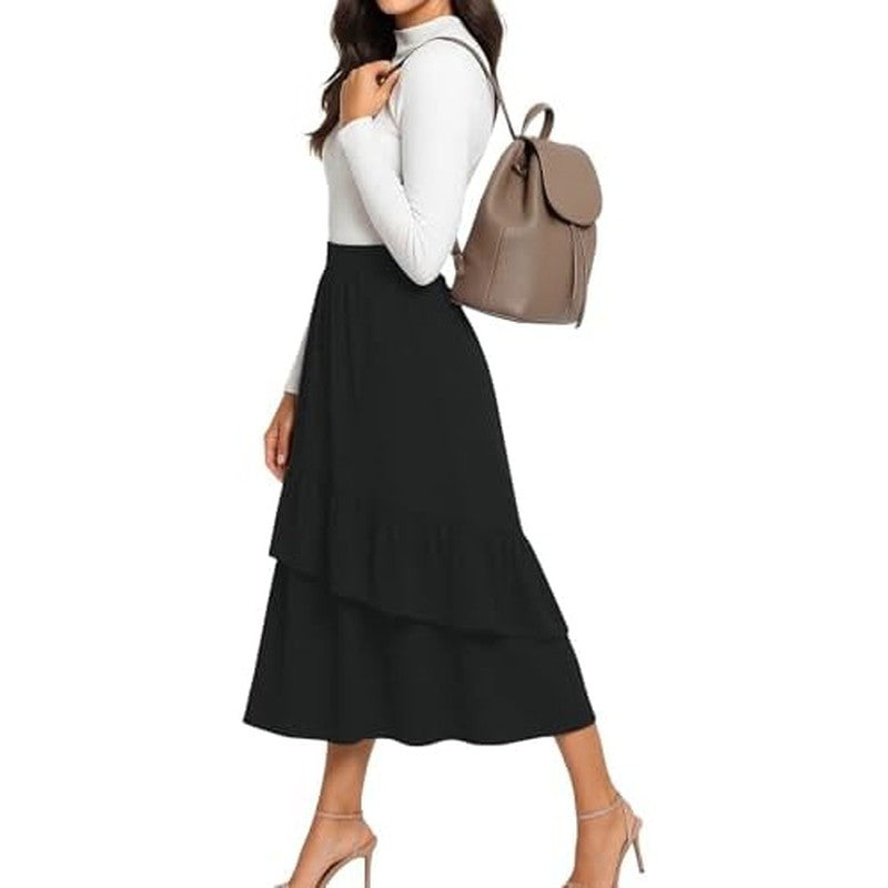 Midi Skirts for Women Flowy Boho High-Waist A-Line Black - color detail