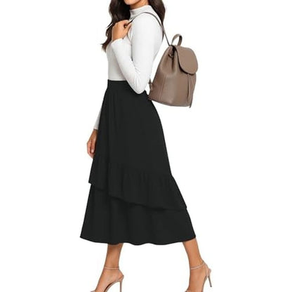 Midi Skirts for Women Flowy Boho High-Waist A-Line Black - color detail