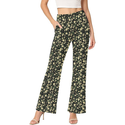 Women's High Waisted Flare Pants Stretchy Business Golden Bloom Black - front view