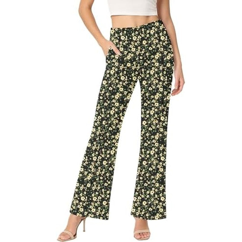 Women's High Waisted Flare Pants Stretchy Business Golden Bloom Black - side angle