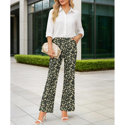 Women's High Waisted Flare Pants Stretchy Business Golden Bloom Black - detail close-up