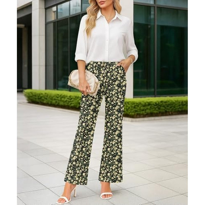Women's High Waisted Flare Pants Stretchy Business Golden Bloom Black - in use