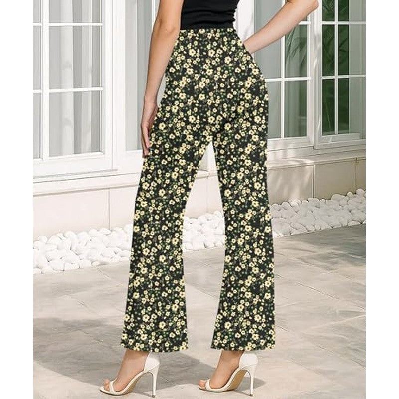 Women's High Waisted Flare Pants Stretchy Business Golden Bloom Black - back view