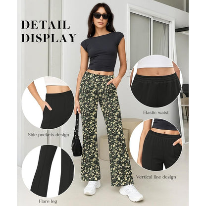 Women's High Waisted Flare Pants Stretchy Business Golden Bloom Black - top view