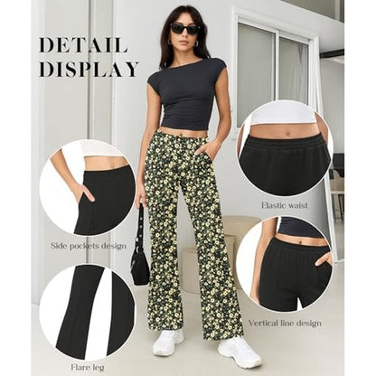 Women's High Waisted Flare Pants Stretchy Business Golden Bloom Black - color detail