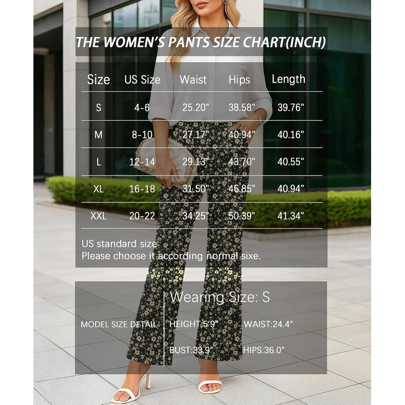 Women's High Waisted Flare Pants Stretchy Business Golden Bloom Black - lifestyle look